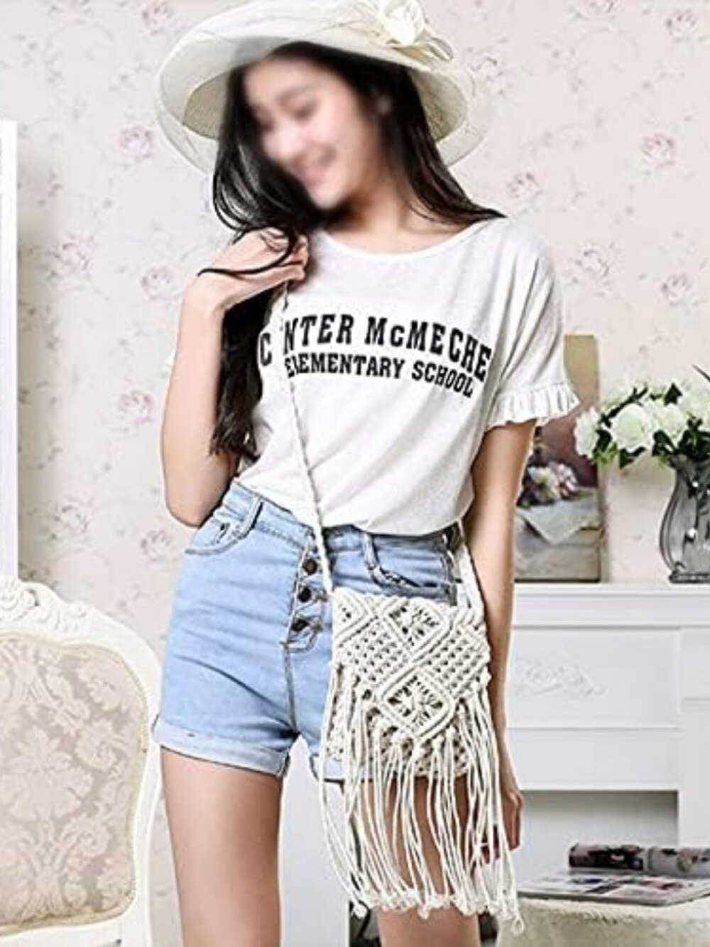 Van Caro Boho Crochet Straw Shoulder Bag Women Handwoven Beach Tassel Tote